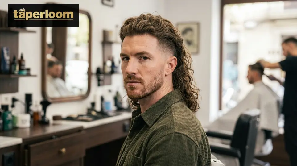 Classic low taper fade mullet on straight thick hair
