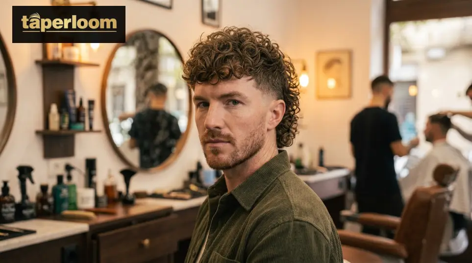 Curly low taper fade mullet with defined curl pattern
