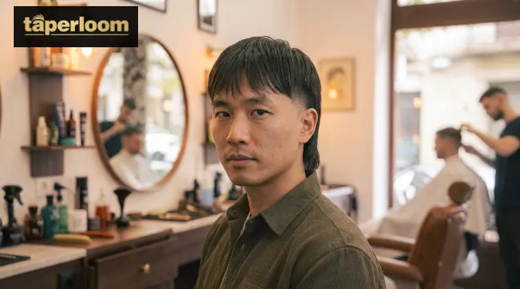 Low taper fade mullet with clean fringe on straight hair
