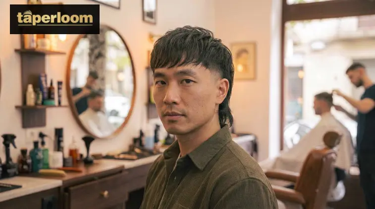 Low taper fade mullet with a textured uneven fringe