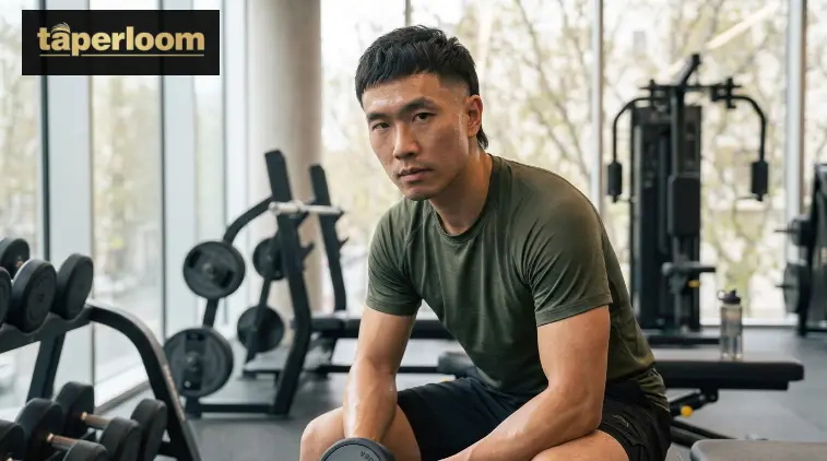 Athletic low taper fade mullet in a gym setting