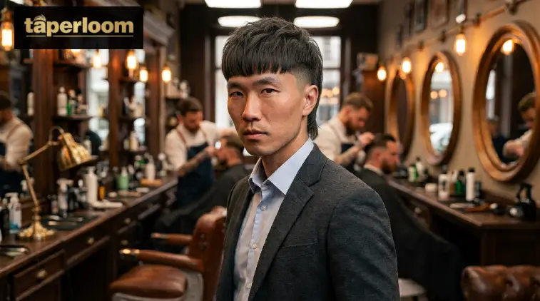 Low taper fade mullet with a full forward fringe