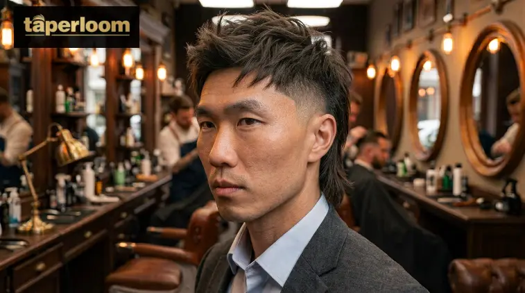 Low taper fade mullet with choppy piecey top texture