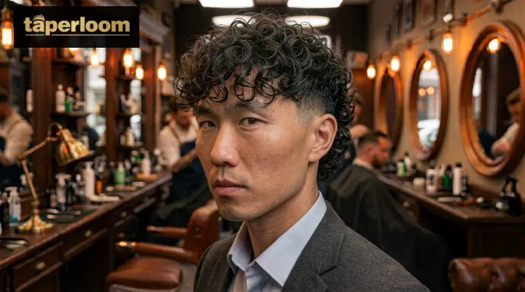 Low taper fade mullet with natural curly fringe