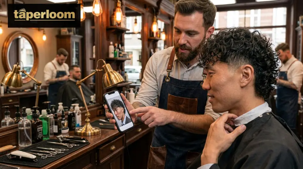 Barber and client discussing a low taper fade mullet reference photo