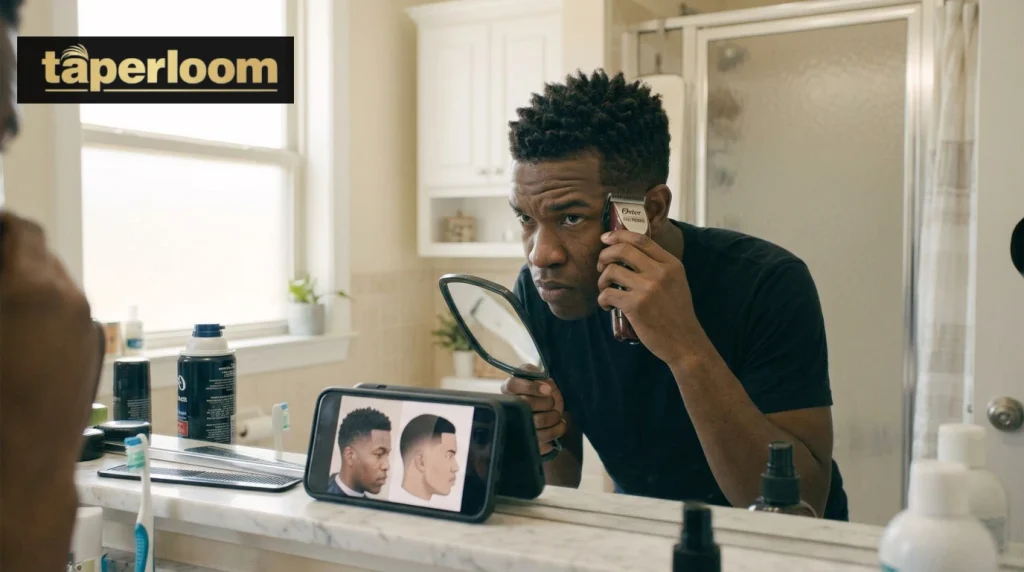 Man trimming his own low taper fade at home with clippers
