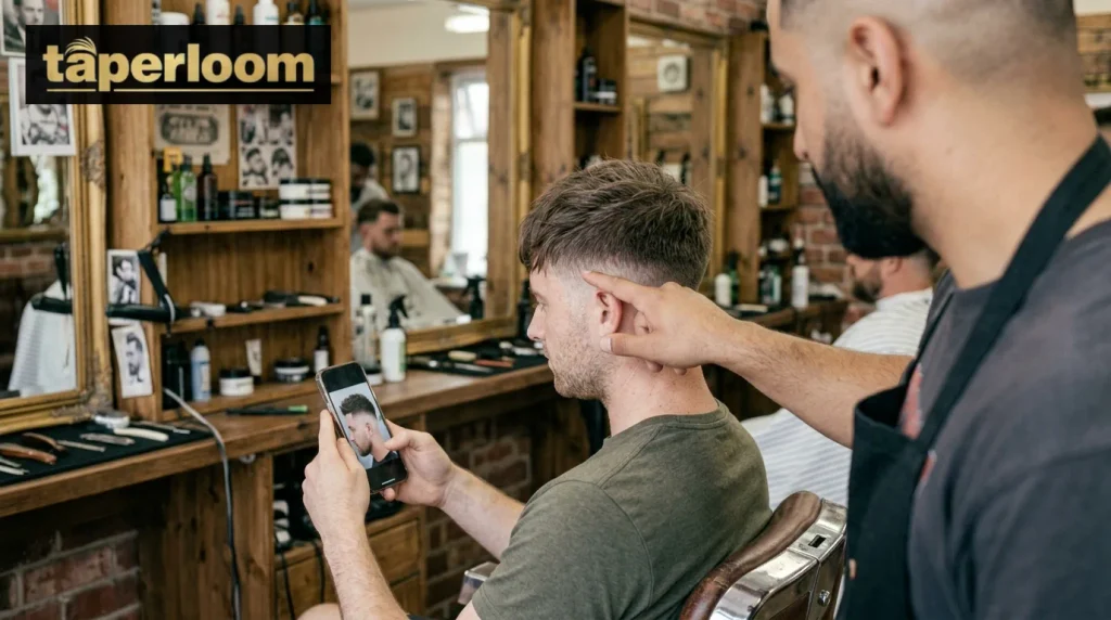 Client showing barber reference photo for haircut