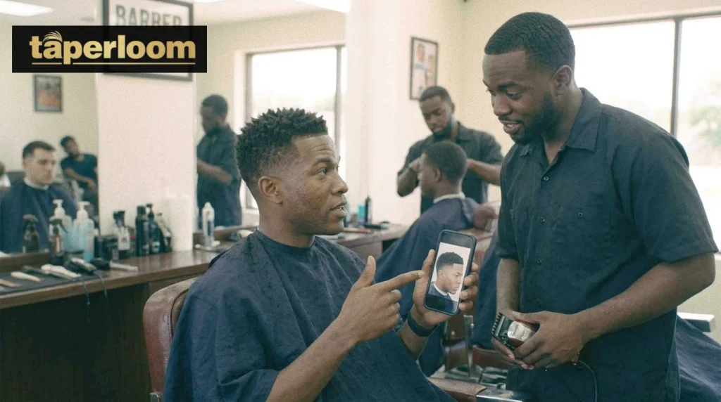Client explaining haircut instructions to barber before low taper fade