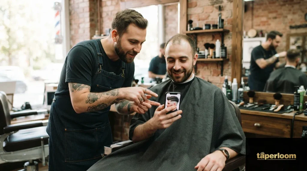 Client showing reference photo to barber before low taper fade haircut