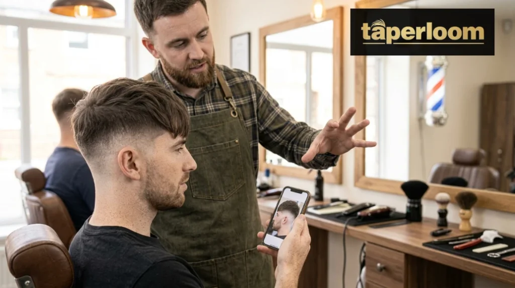 Barber and client discussing a textured fringe low taper fade haircut using a reference photo