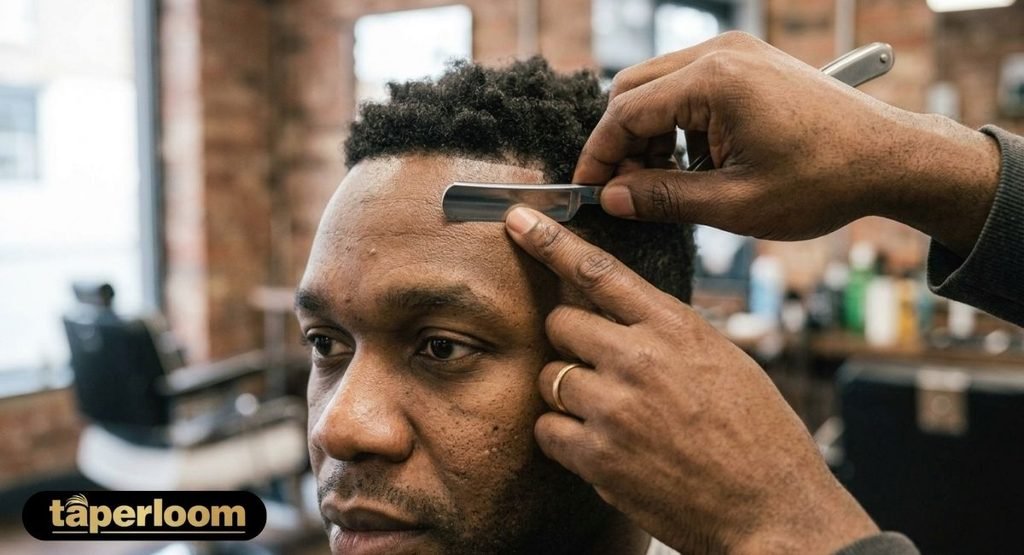 Barber using a straight razor to sharpen the hairline edge