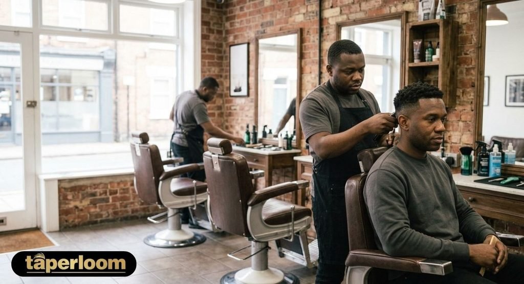 Interior of a modern barbershop where a low taper fade is being done