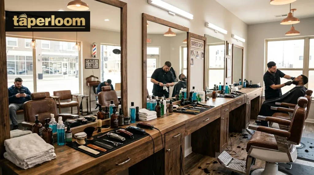 Interior of a modern barbershop with barber chairs and clippers