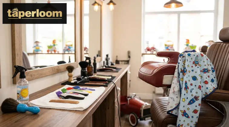 short textured fringe and low-to-mid taper fade haircuts on barbershop