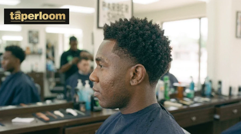 Man with burst fade curving around ear and curly top