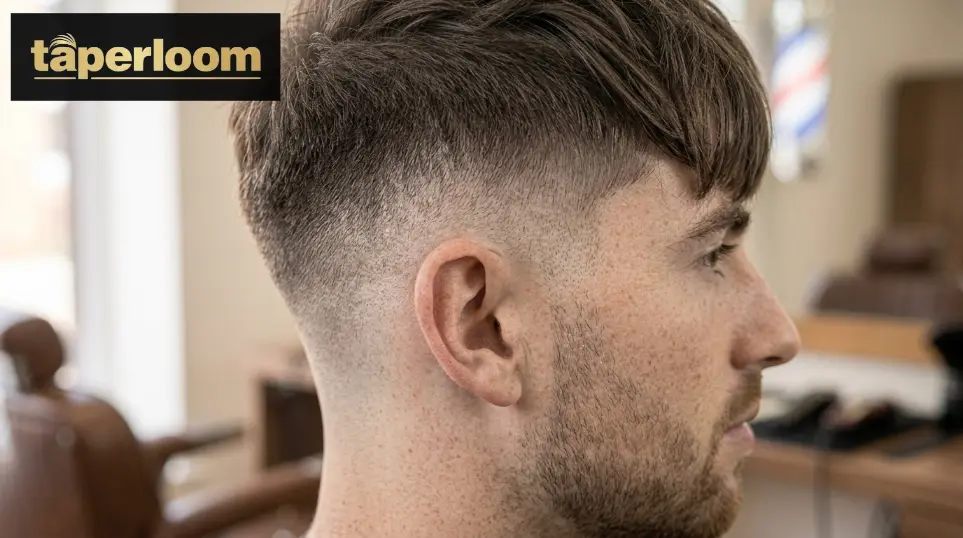 Man with a burst fade curving around the ear paired with a textured fringe