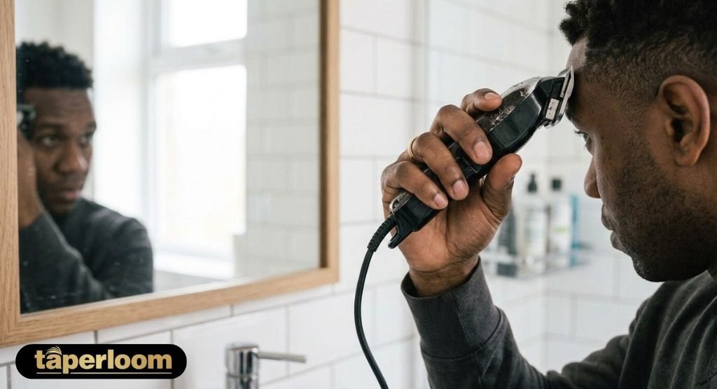 Man using clippers to buzz the top of his hair at home