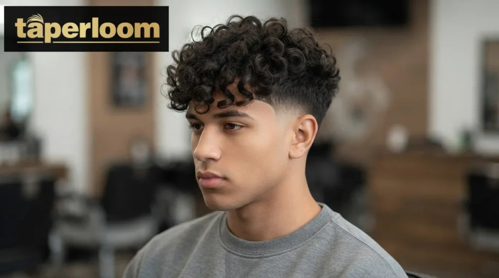 Classic low taper fade with natural curly hair on top