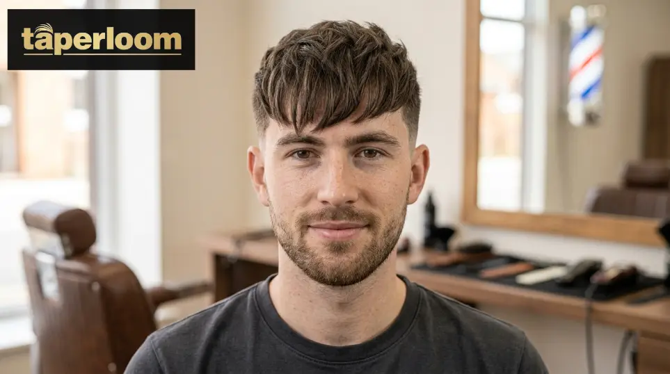 Classic textured fringe with low taper fade haircut, front view