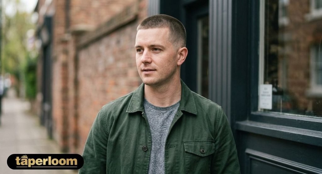 Classic uniform buzz cut with a low taper fade, everyday style