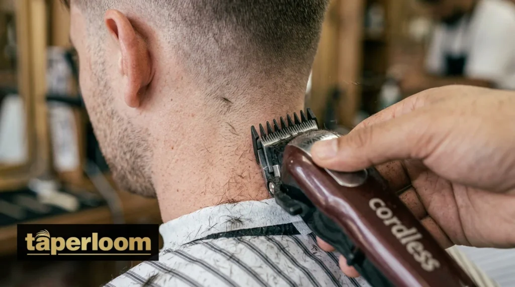 Barber using clipper guard on low taper fade