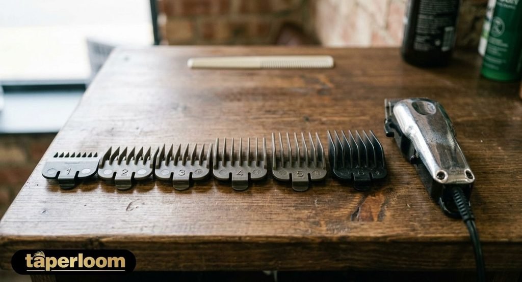 Set of clipper guard attachments from #1 to #6 laid out on a barber station