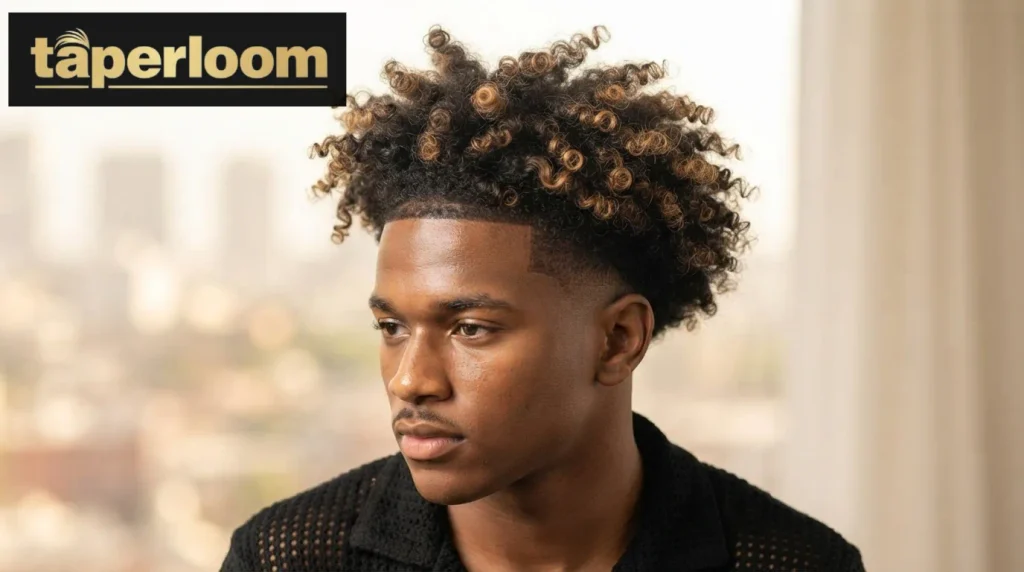 Curly blowout hairstyle with subtle highlights and low taper fade