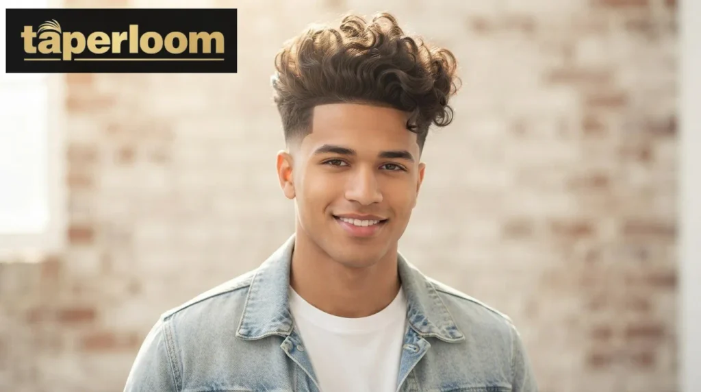 Curly blowout hairstyle with volume and a low taper fade