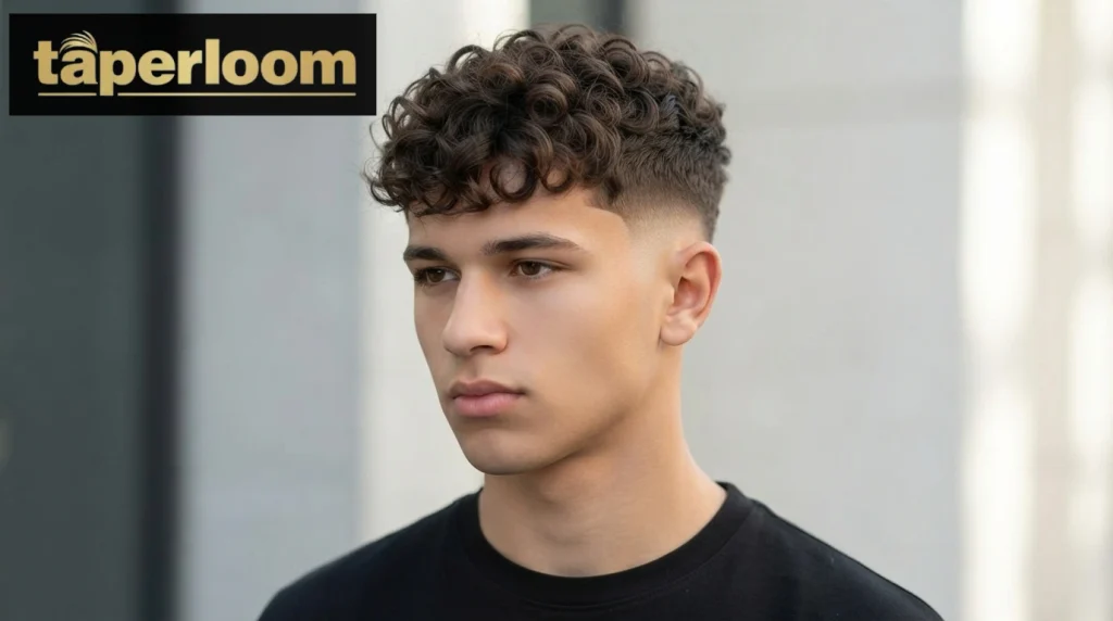 Short curly crop haircut with a low taper fade