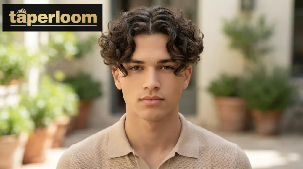 Curly curtain bangs parted in the middle with low taper fade