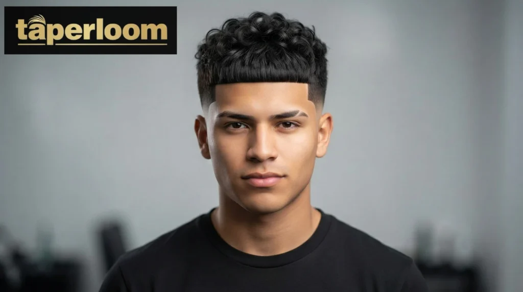 Curly Edgar haircut with blunt fringe and low taper fade