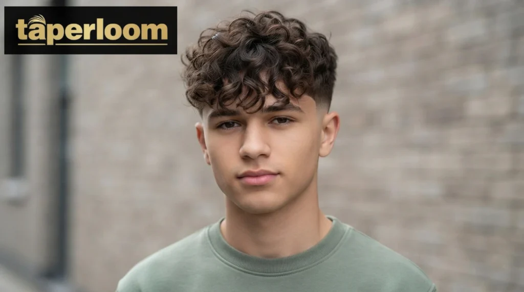 Curly fringe falling over forehead with a low taper fade