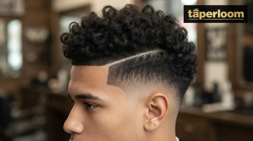 Curly hair with a shaved hard part line and low taper fade
