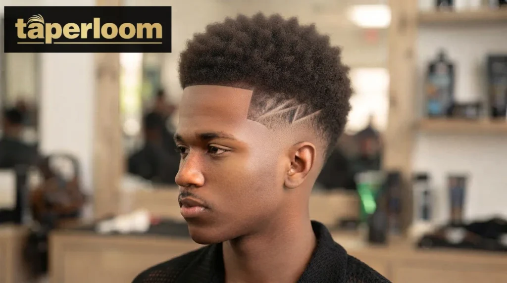 Curly mohawk hairstyle with a low taper fade