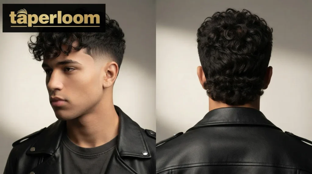 Curly mullet haircut with short faded sides and long back