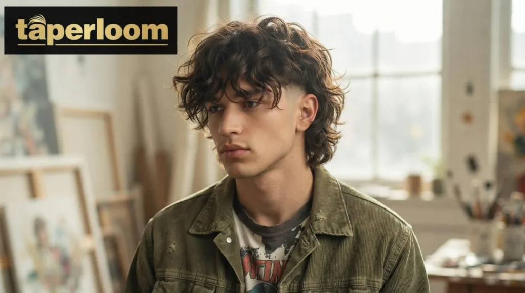 Choppy curly shag haircut with a low taper fade