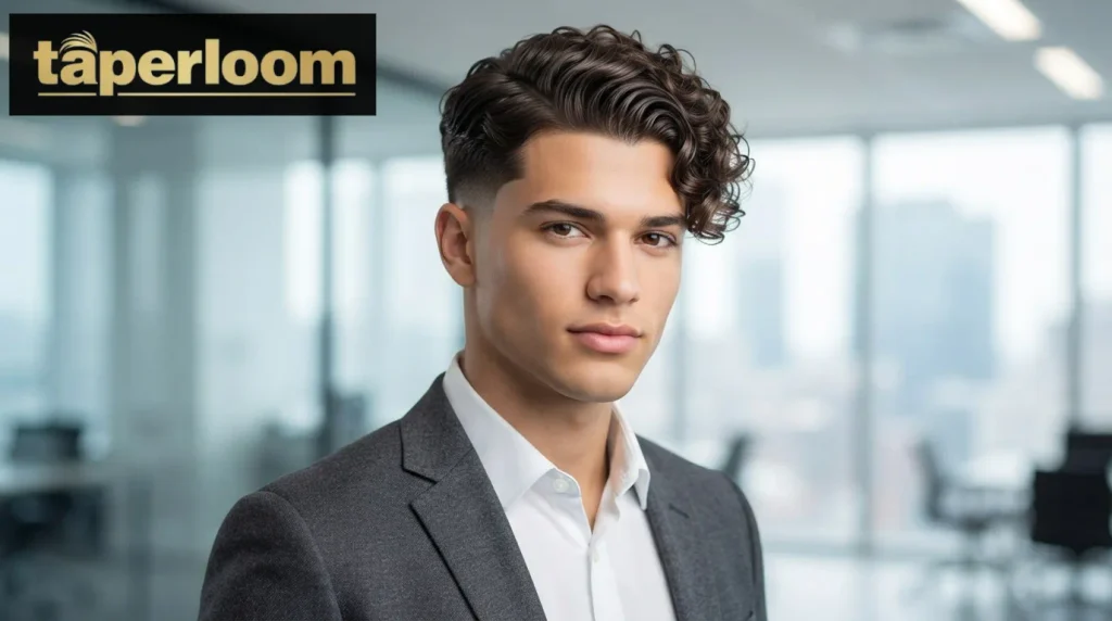 Curly hair combed to the side with a low taper fade, professional style