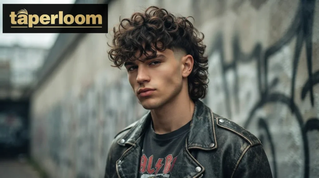 Curly wolf cut haircut combining mullet and shag with low taper fade