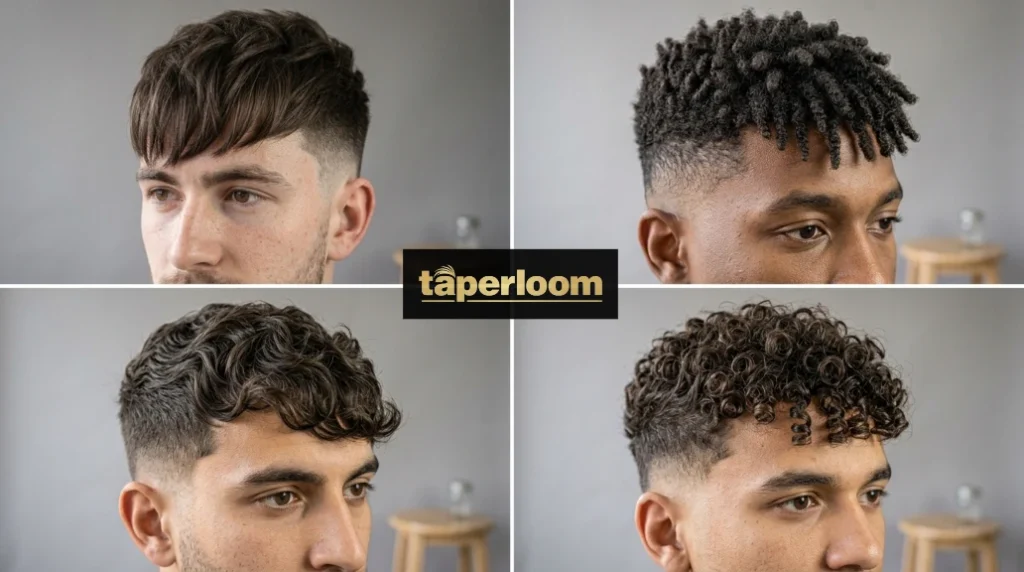 Grid comparison of straight, wavy, thick, curly, and coily hair types styled as textured fringe