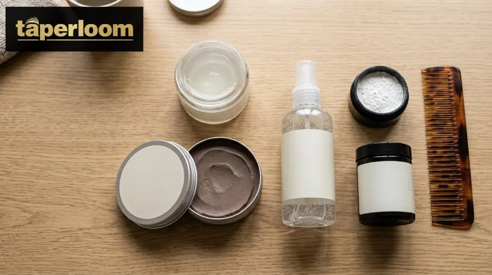 Flatlay of matte clay, sea salt spray, texture powder, and pomade for styling a textured fringe