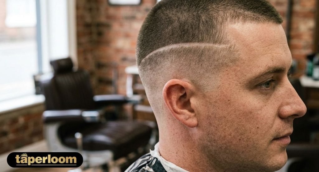 Hard part taper fade with a shaved line detail on the side