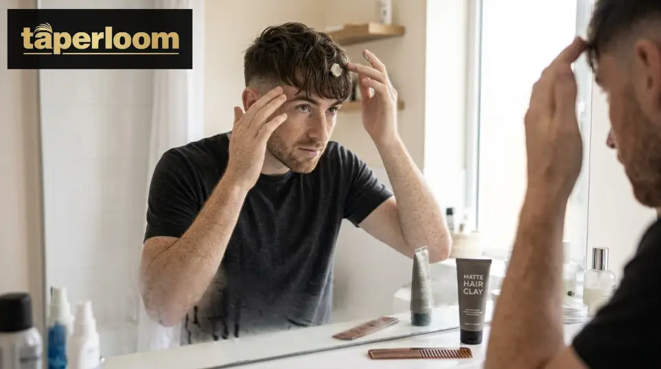 Man styling his textured fringe haircut at home using matte clay and his fingers
