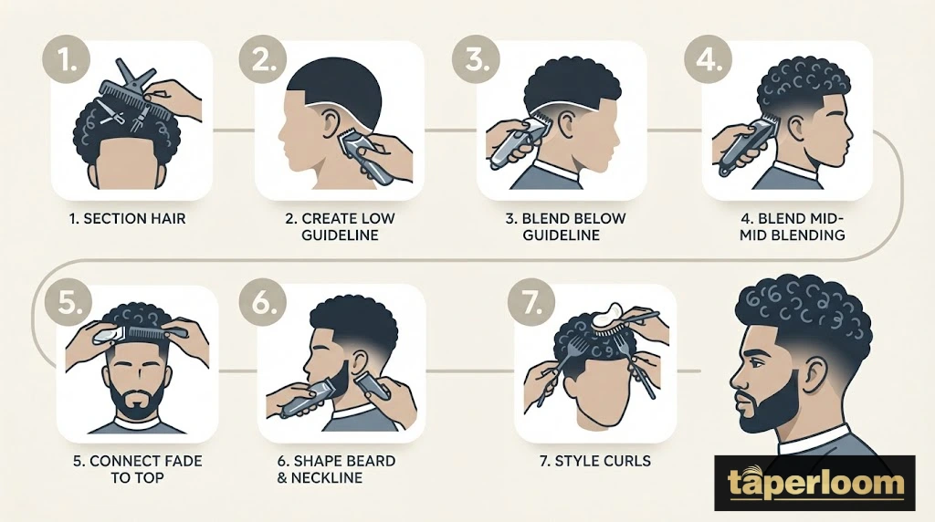 Step by step diagram showing how a low taper fade is cut on curly hair