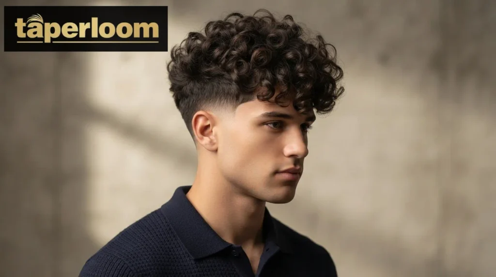 Layered curly hairstyle with a low taper fade for thick hair