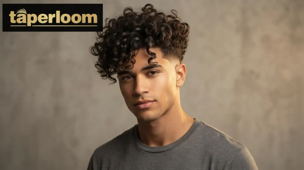 Long curly hair on top with a low taper fade on the sides