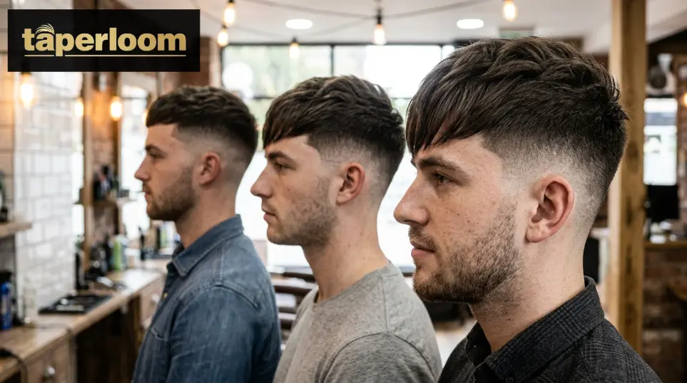 Three men side by side showing low taper, mid taper, and high taper fade haircuts