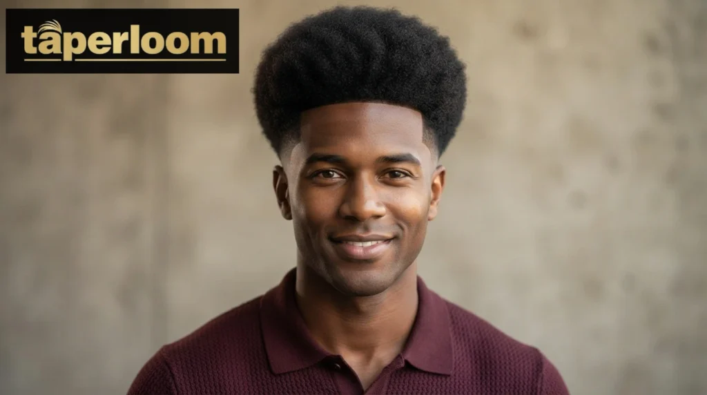 Rounded curly afro haircut with a clean low taper fade