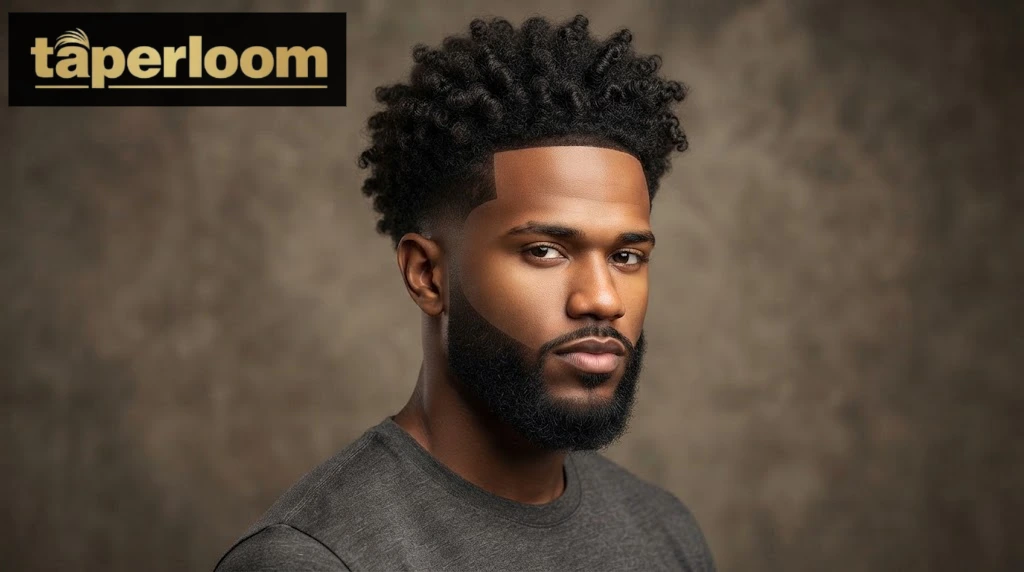 Low taper fade curly hair blended into a full beard