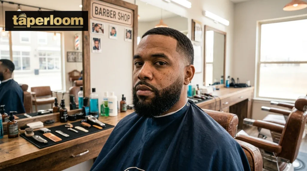 Man with short beard blended into low taper fade sideburns