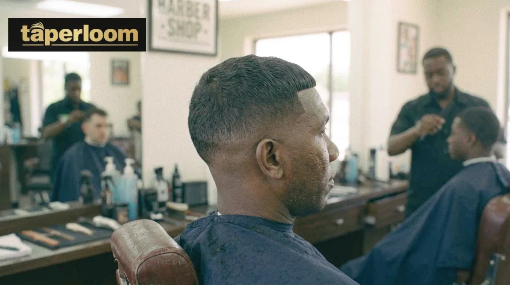 Man with Caesar cut horizontal fringe and low taper fade